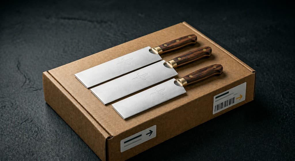 Knives packed on a labeled return shipping box